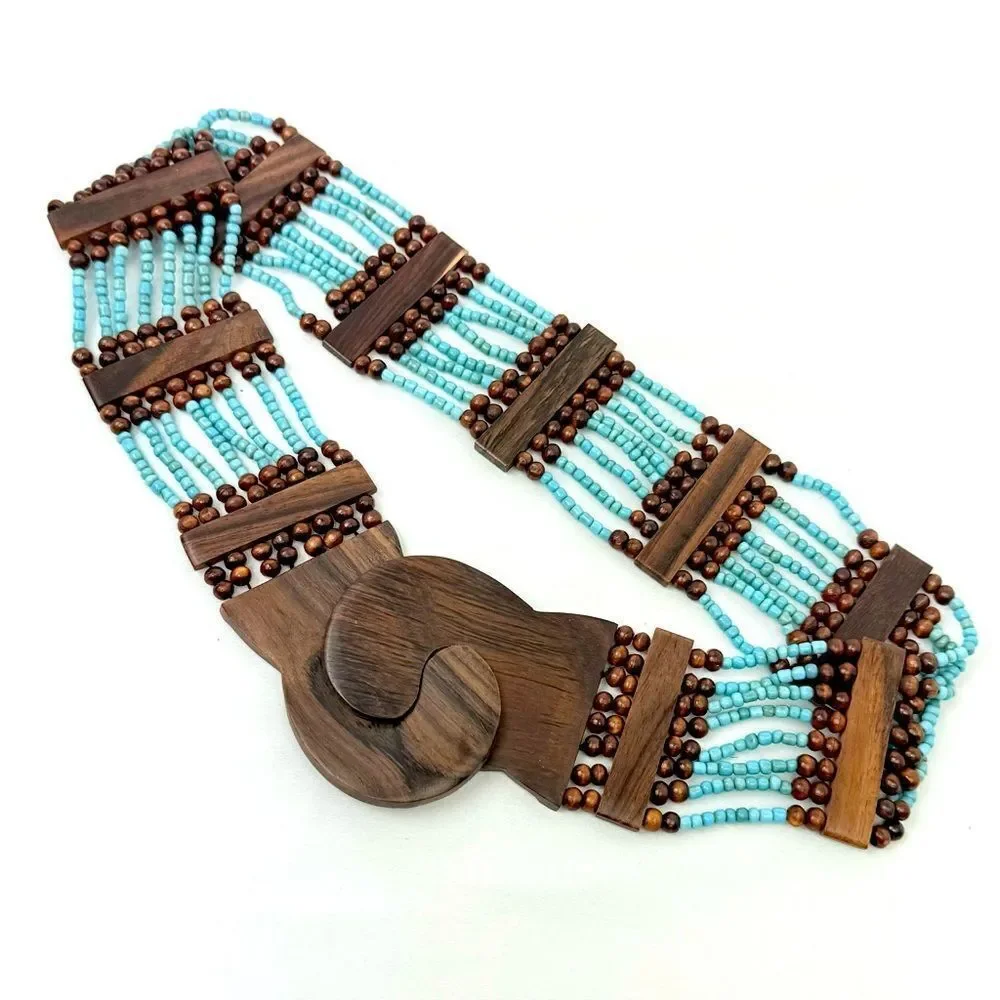 Boutique Dark Wood and Turquoise Color Beaded Boho Coastal Stretch Belt
